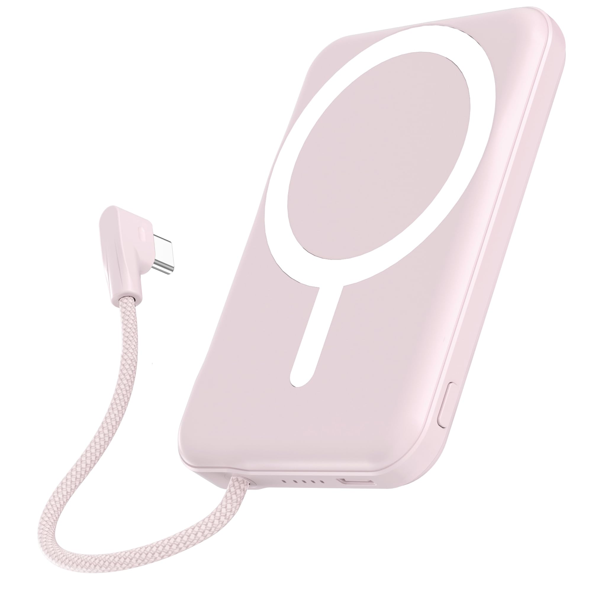 for Magsafe Power Bank, 5000mAh Magnetic Portable Charger with Built-in USB-C Cable, Wireless Battery Pack with 20W PD Fast Charging for iPhone 17/16/15/14/13/12 All Series-Light Pink