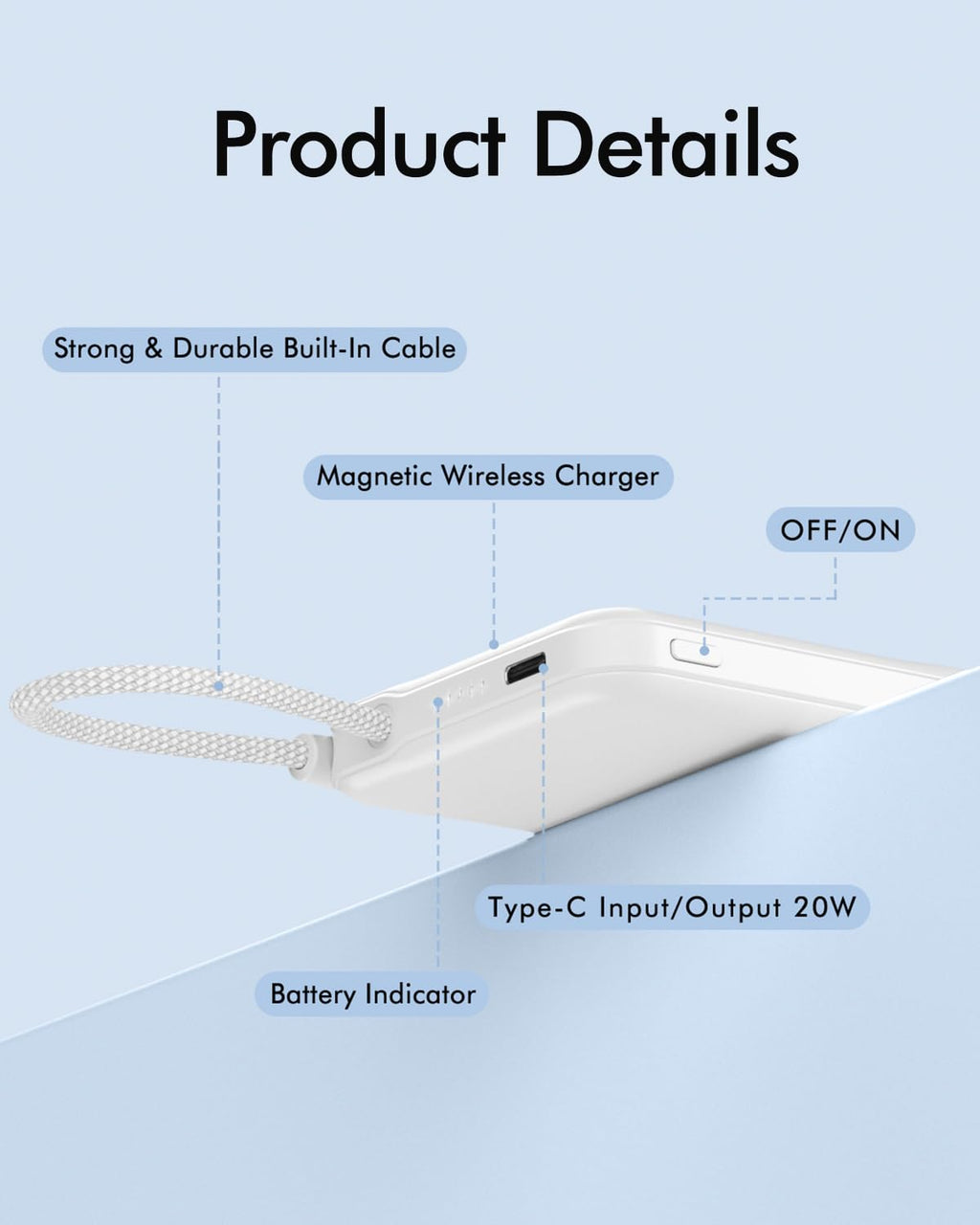 for Magsafe Power Bank, 5000mAh Magnetic Portable Charger with Built-in USB-C Cable, Wireless Battery Pack with 20W PD Fast Charging for iPhone 17/16/15/14/13/12 All Series-Light Pink