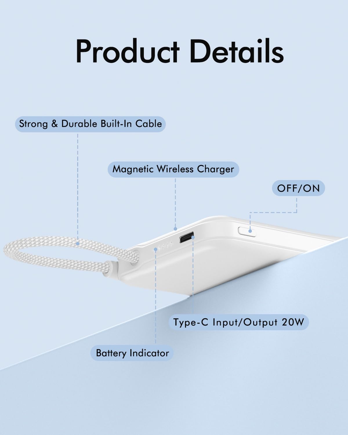 for Magsafe Power Bank, 5000mAh Magnetic Portable Charger with Built-in USB-C Cable, Wireless Battery Pack with 20W PD Fast Charging for iPhone 17/16/15/14/13/12 All Series-Light Pink