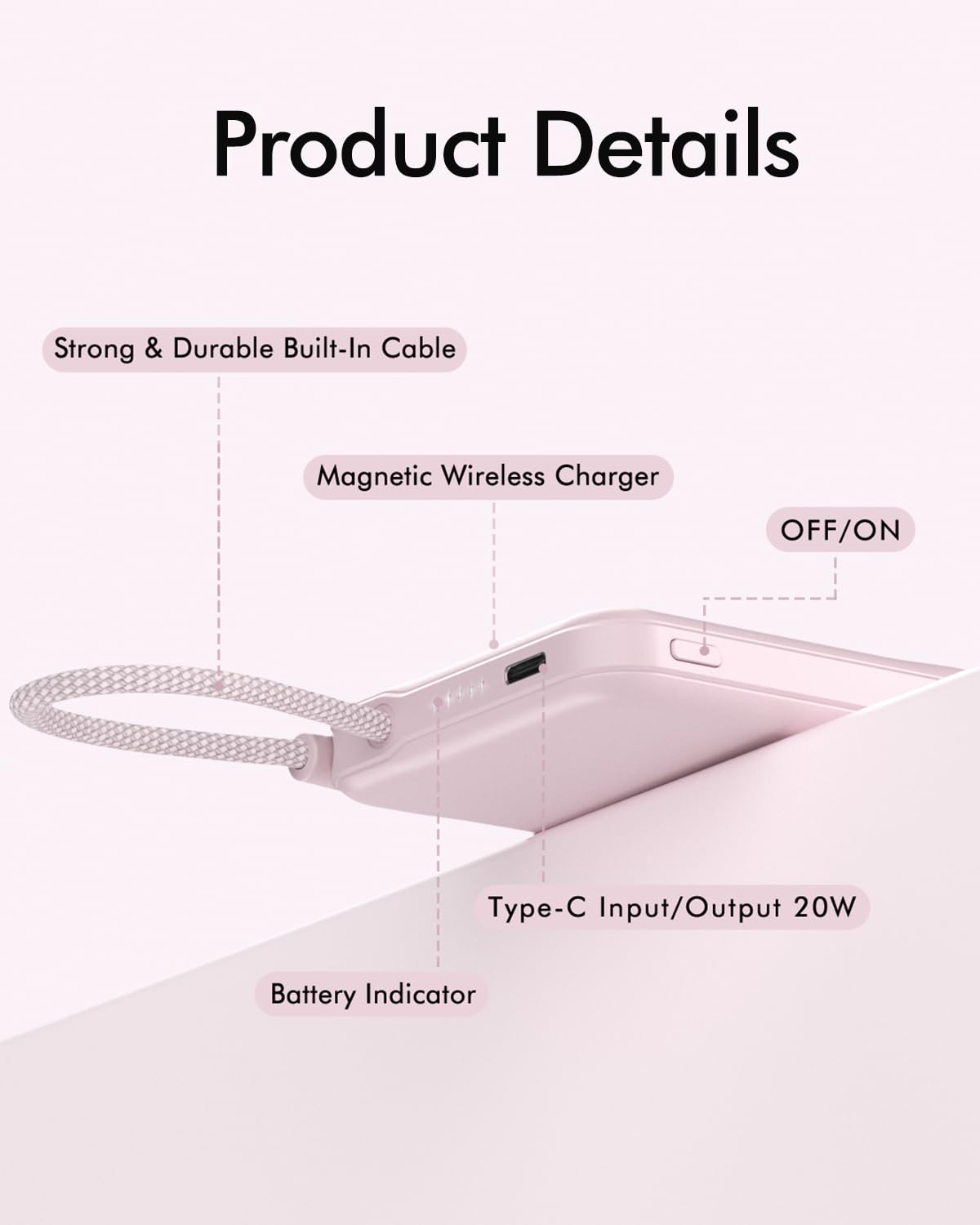 for Magsafe Power Bank, 5000mAh Magnetic Portable Charger with Built-in USB-C Cable, Wireless Battery Pack with 20W PD Fast Charging for iPhone 17/16/15/14/13/12 All Series-Light Pink