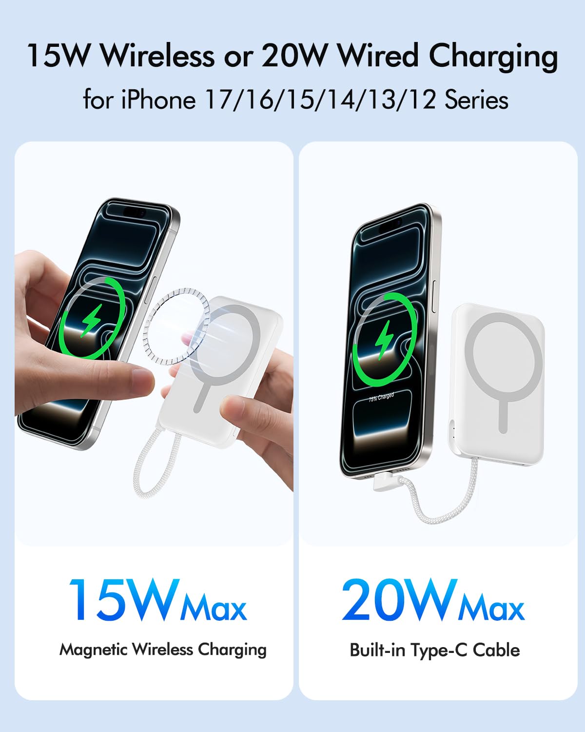 for Magsafe Power Bank, 5000mAh Magnetic Portable Charger with Built-in USB-C Cable, Wireless Battery Pack with 20W PD Fast Charging for iPhone 17/16/15/14/13/12 All Series-Light Pink