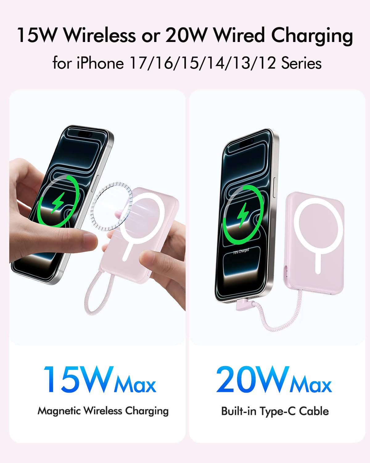 for Magsafe Power Bank, 5000mAh Magnetic Portable Charger with Built-in USB-C Cable, Wireless Battery Pack with 20W PD Fast Charging for iPhone 17/16/15/14/13/12 All Series-Light Pink