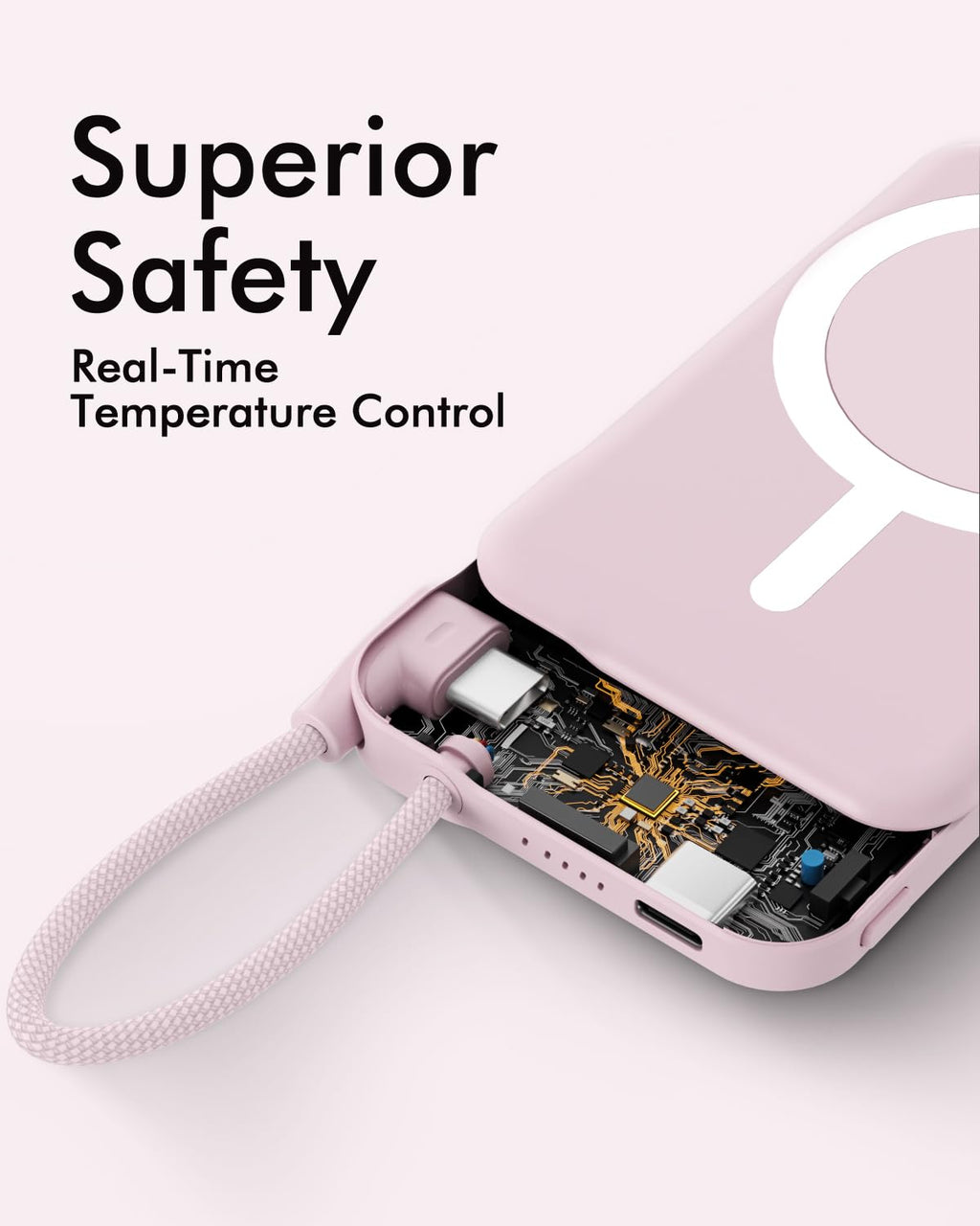 for Magsafe Power Bank, 5000mAh Magnetic Portable Charger with Built-in USB-C Cable, Wireless Battery Pack with 20W PD Fast Charging for iPhone 17/16/15/14/13/12 All Series-Light Pink