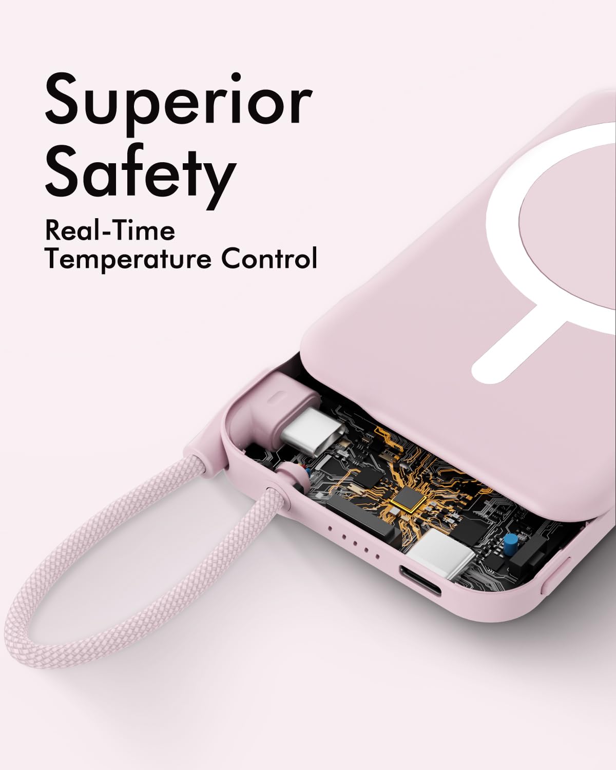 for Magsafe Power Bank, 5000mAh Magnetic Portable Charger with Built-in USB-C Cable, Wireless Battery Pack with 20W PD Fast Charging for iPhone 17/16/15/14/13/12 All Series-Light Pink