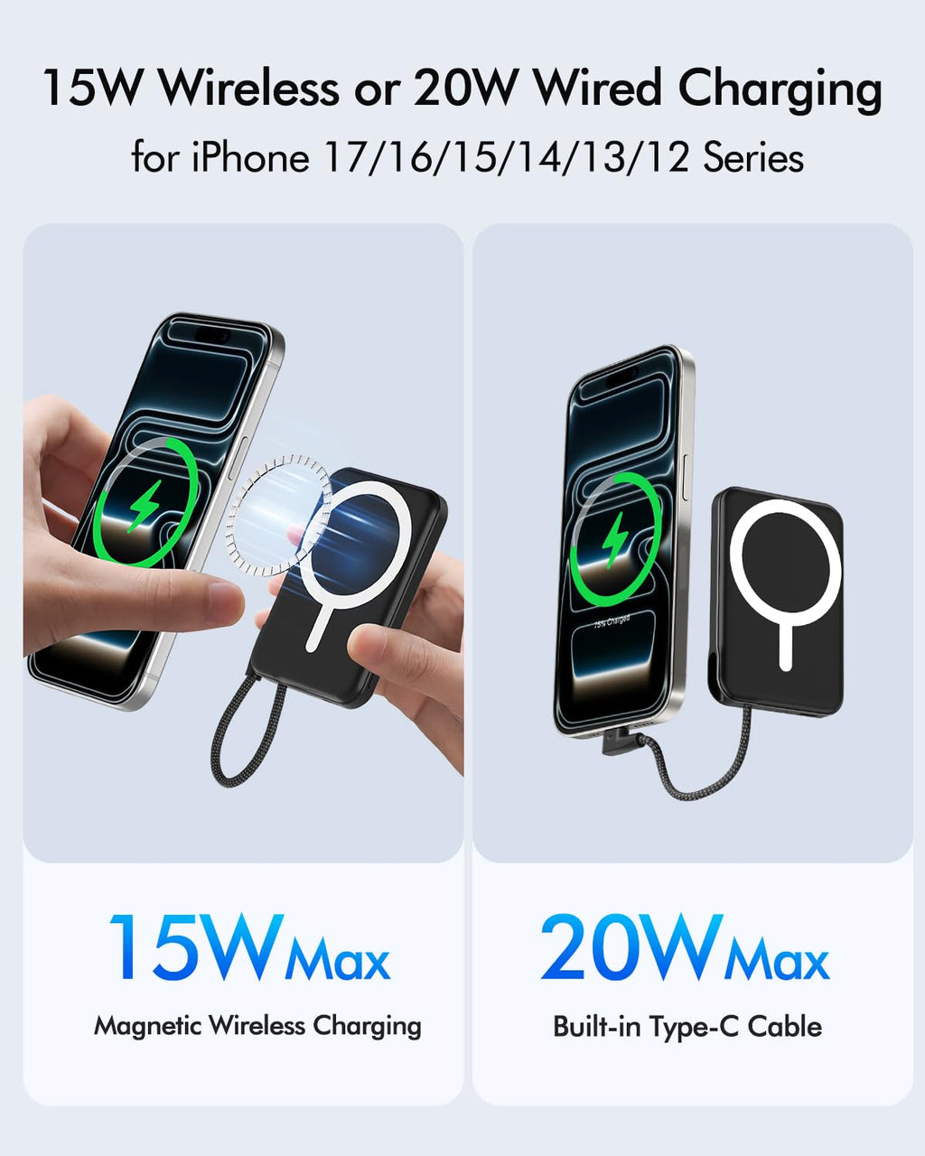 for Magsafe Power Bank, 5000mAh Magnetic Portable Charger with Built-in USB-C Cable, Wireless Battery Pack with 20W PD Fast Charging for iPhone 17/16/15/14/13/12 All Series-Light Pink
