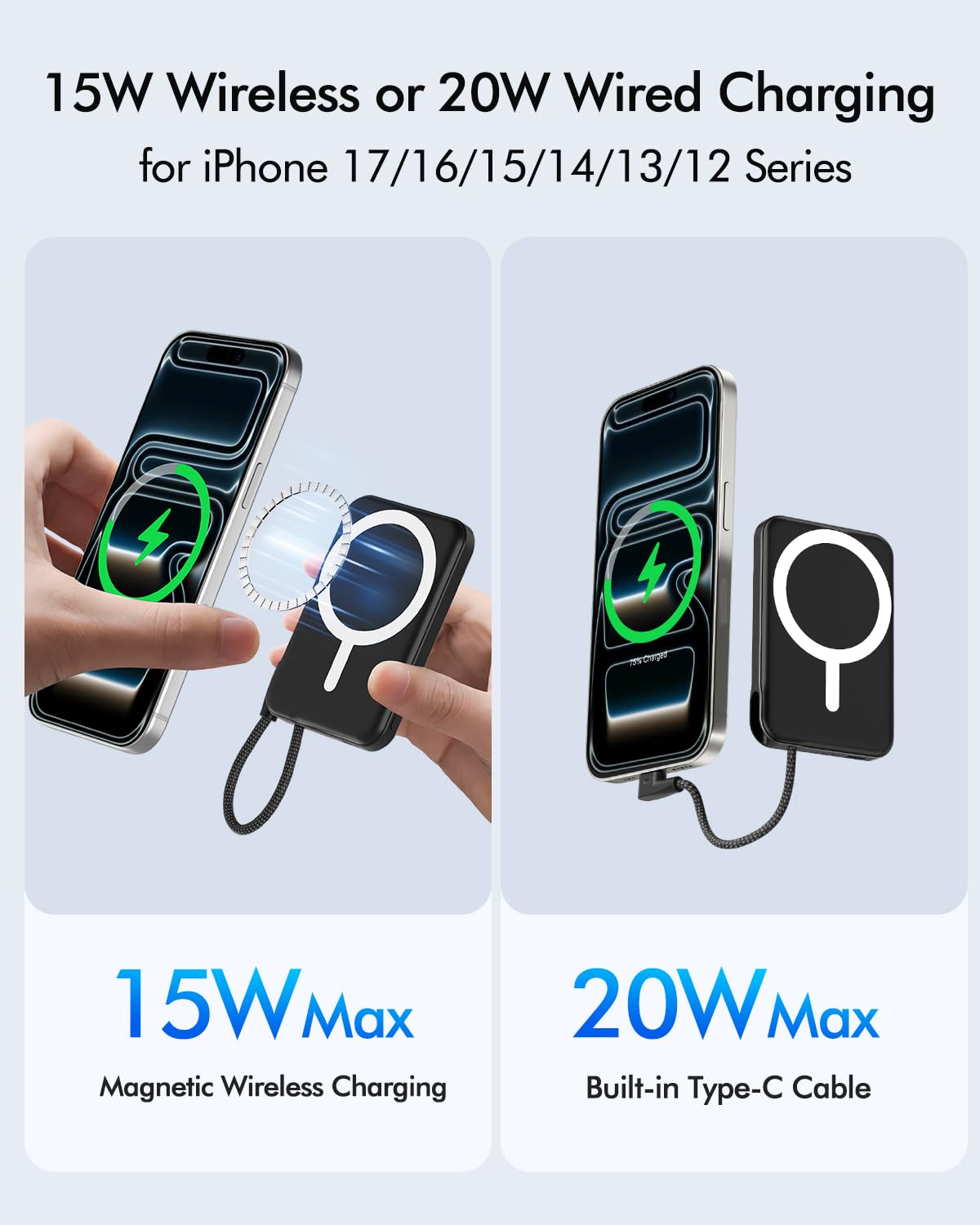 for Magsafe Power Bank, 5000mAh Magnetic Portable Charger with Built-in USB-C Cable, Wireless Battery Pack with 20W PD Fast Charging for iPhone 17/16/15/14/13/12 All Series-Light Pink