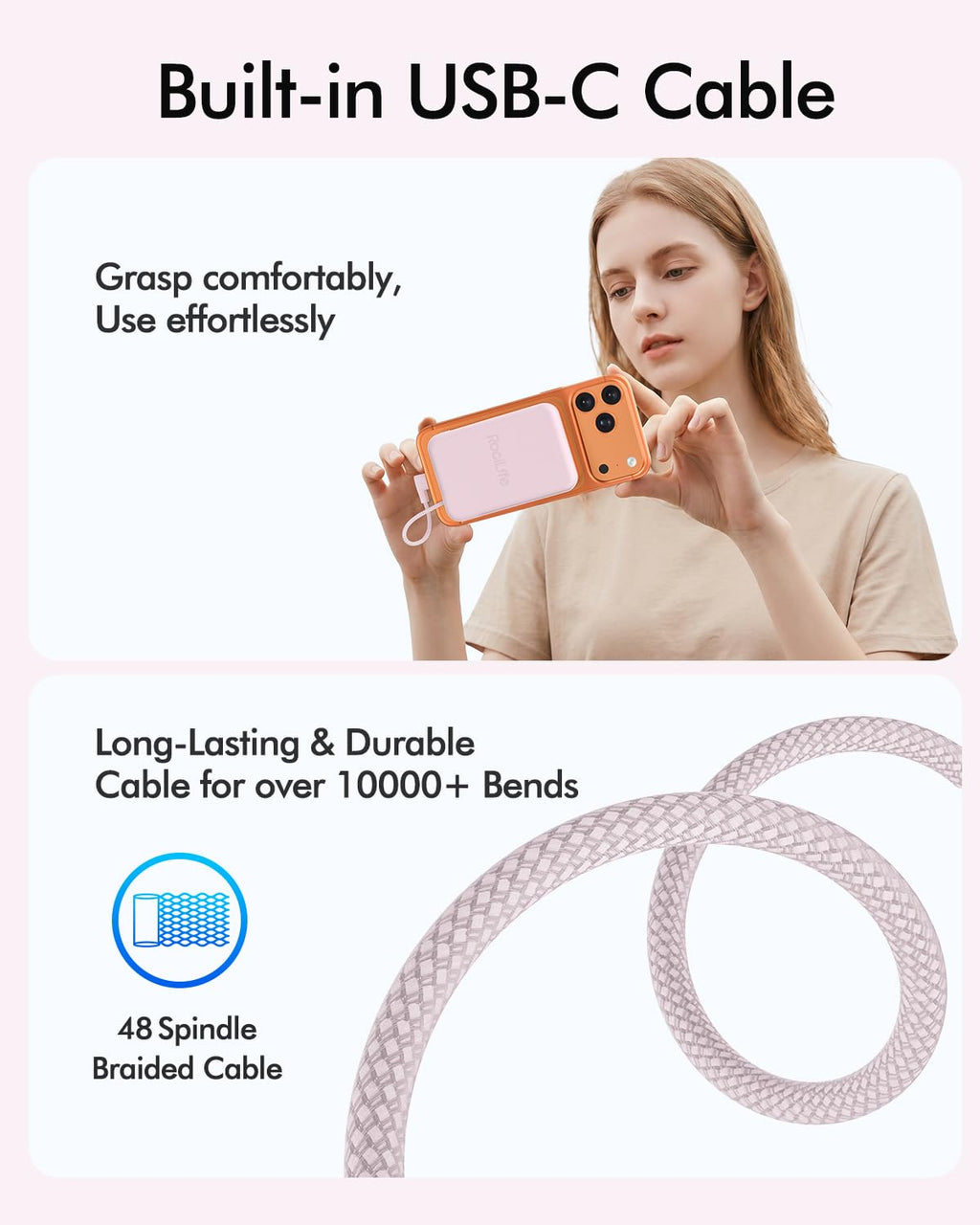for Magsafe Power Bank, 5000mAh Magnetic Portable Charger with Built-in USB-C Cable, Wireless Battery Pack with 20W PD Fast Charging for iPhone 17/16/15/14/13/12 All Series-Light Pink