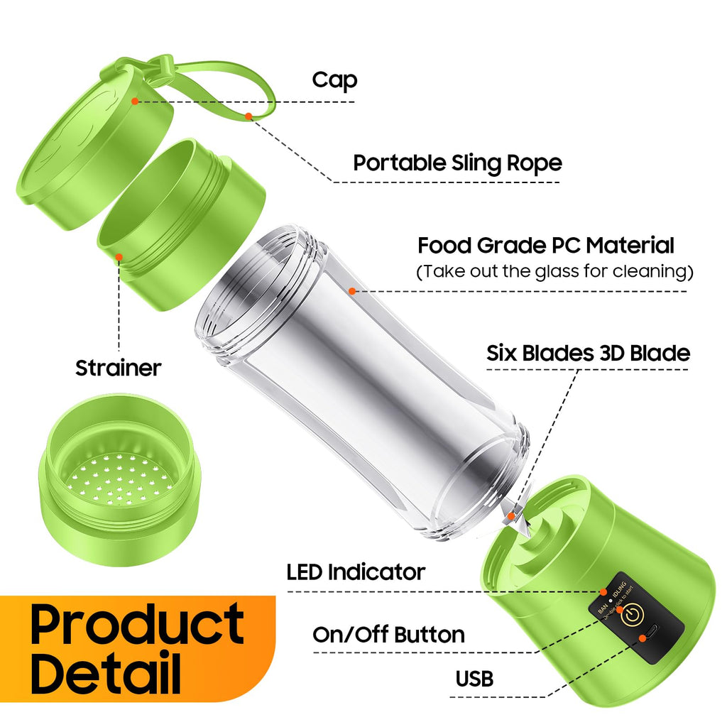 Portable Blender for Smoothies and Shakes - Mini Blender with 6 Stainless-Steel Blades for Powerful Mix， Juicer with 380Ml Travel Cup for Picnic/Gym/Office