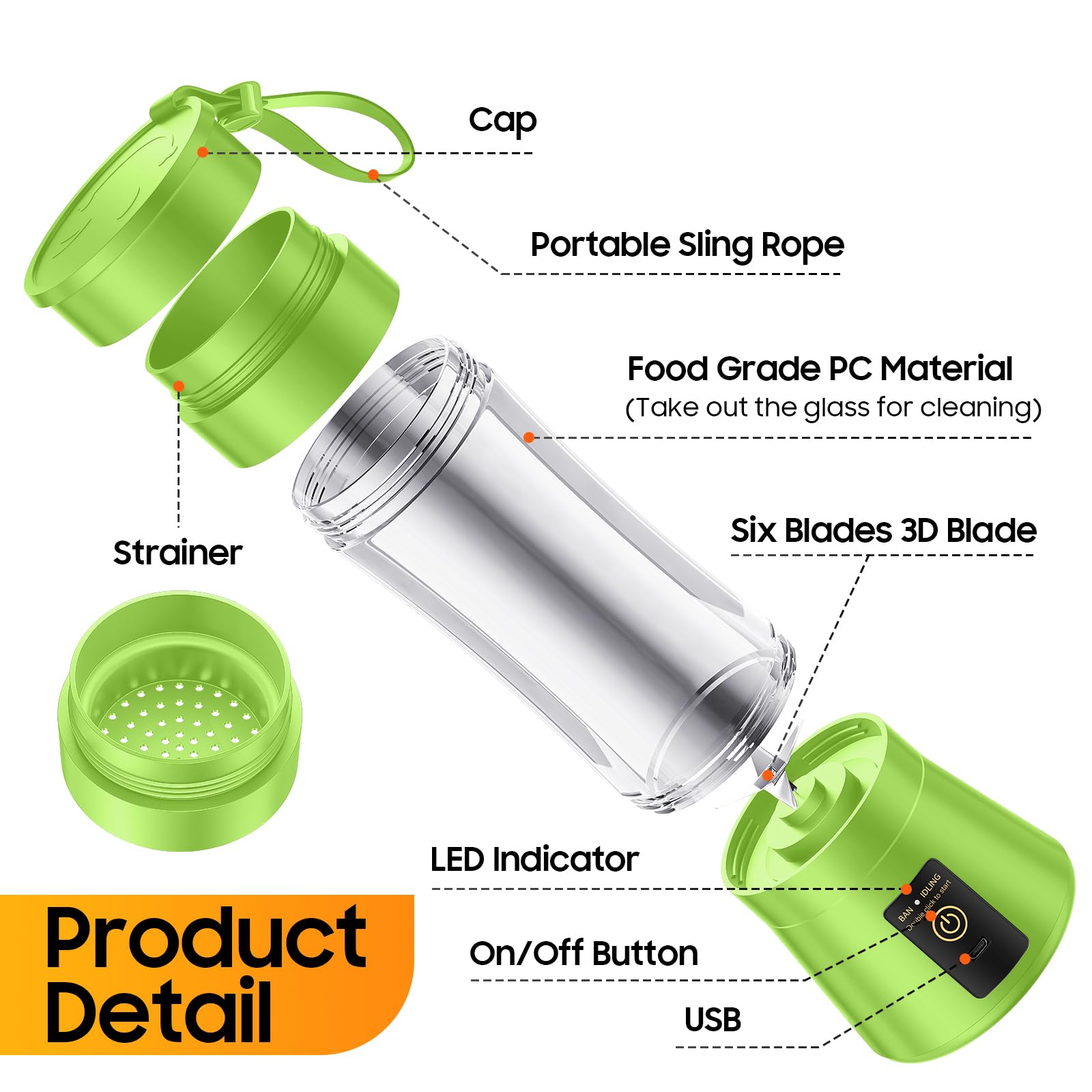 Portable Blender for Smoothies and Shakes - Mini Blender with 6 Stainless-Steel Blades for Powerful Mix， Juicer with 380Ml Travel Cup for Picnic/Gym/Office
