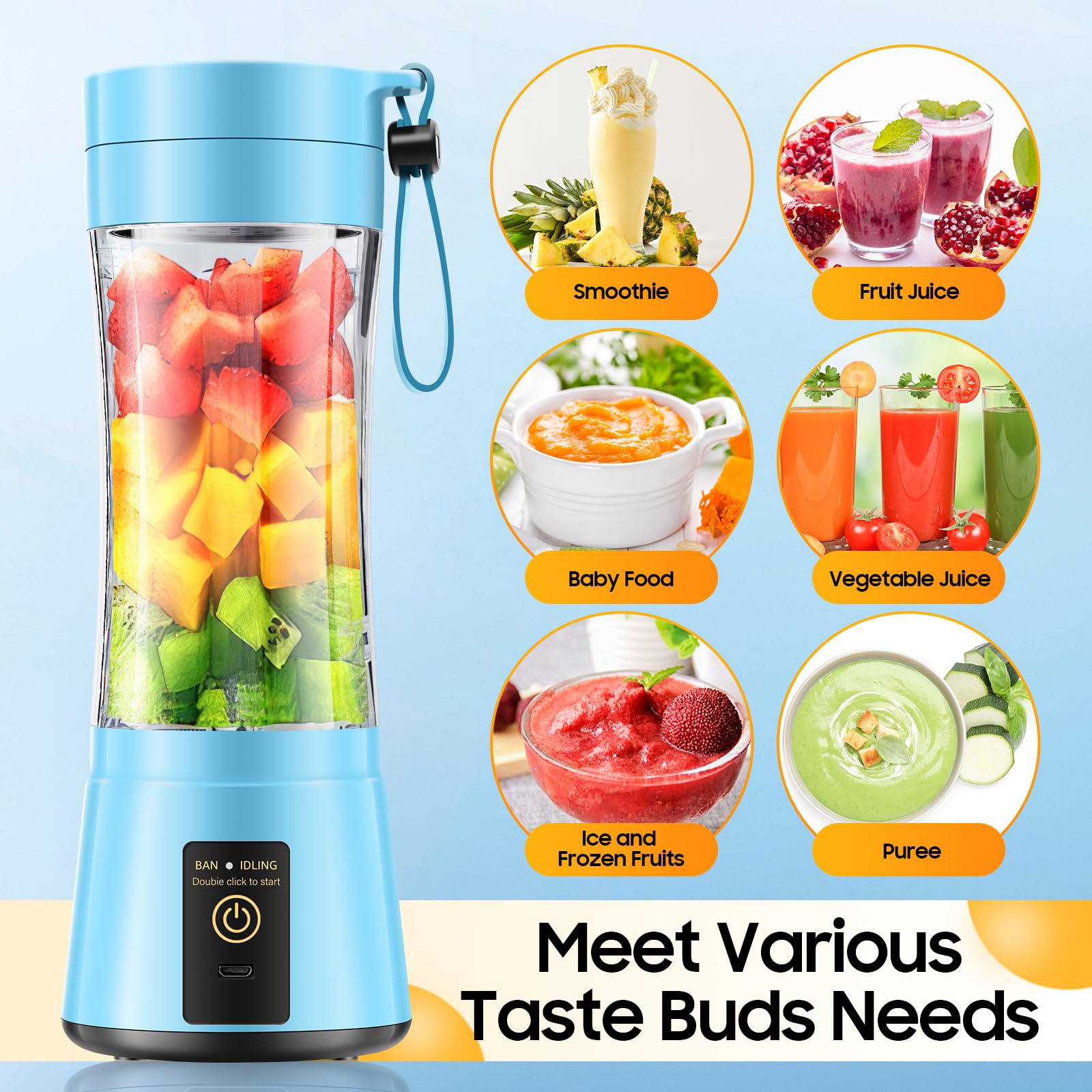 Portable Blender for Smoothies and Shakes - Mini Blender with 6 Stainless-Steel Blades for Powerful Mix， Juicer with 380Ml Travel Cup for Picnic/Gym/Office