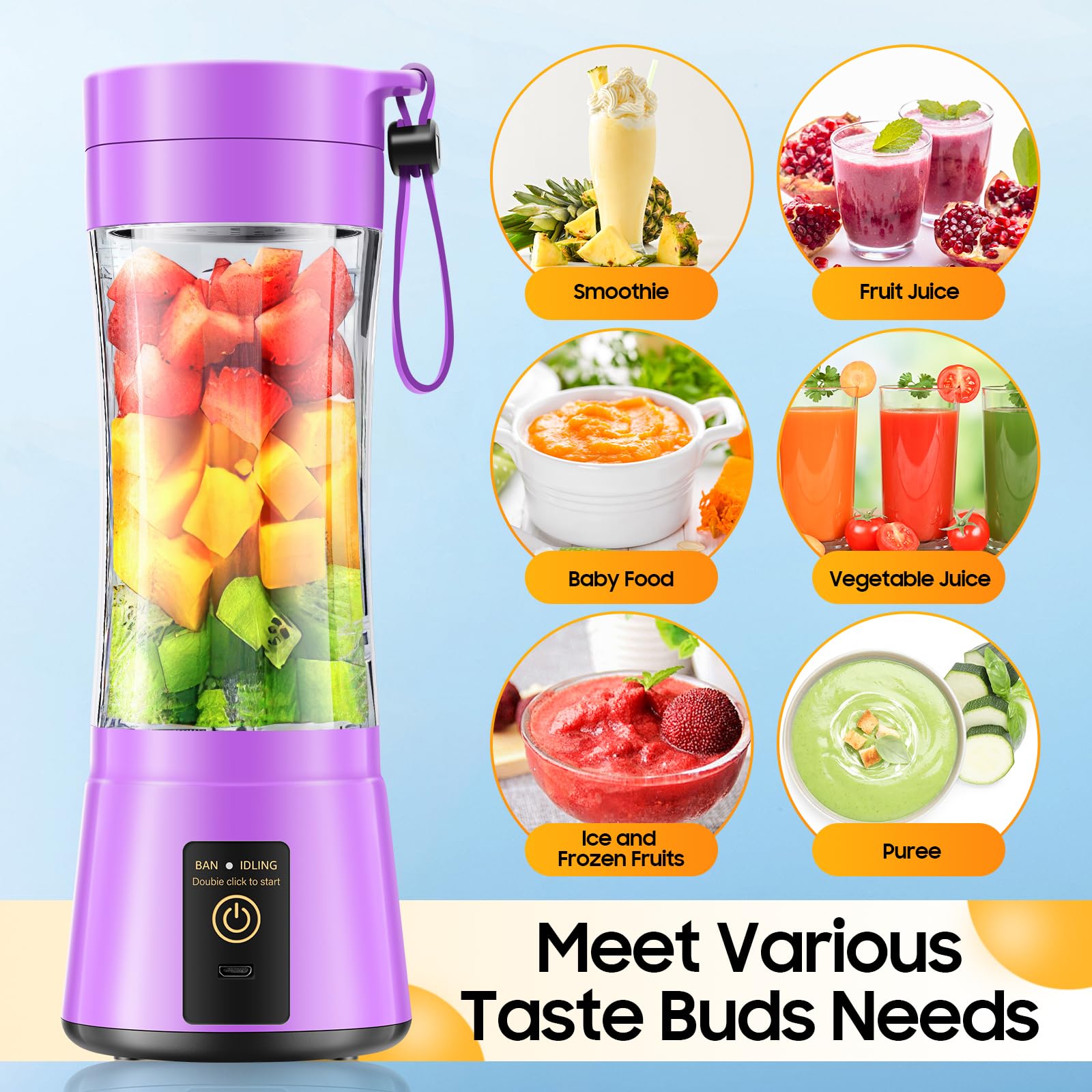 Portable Blender for Smoothies and Shakes - Mini Blender with 6 Stainless-Steel Blades for Powerful Mix， Juicer with 380Ml Travel Cup for Picnic/Gym/Office