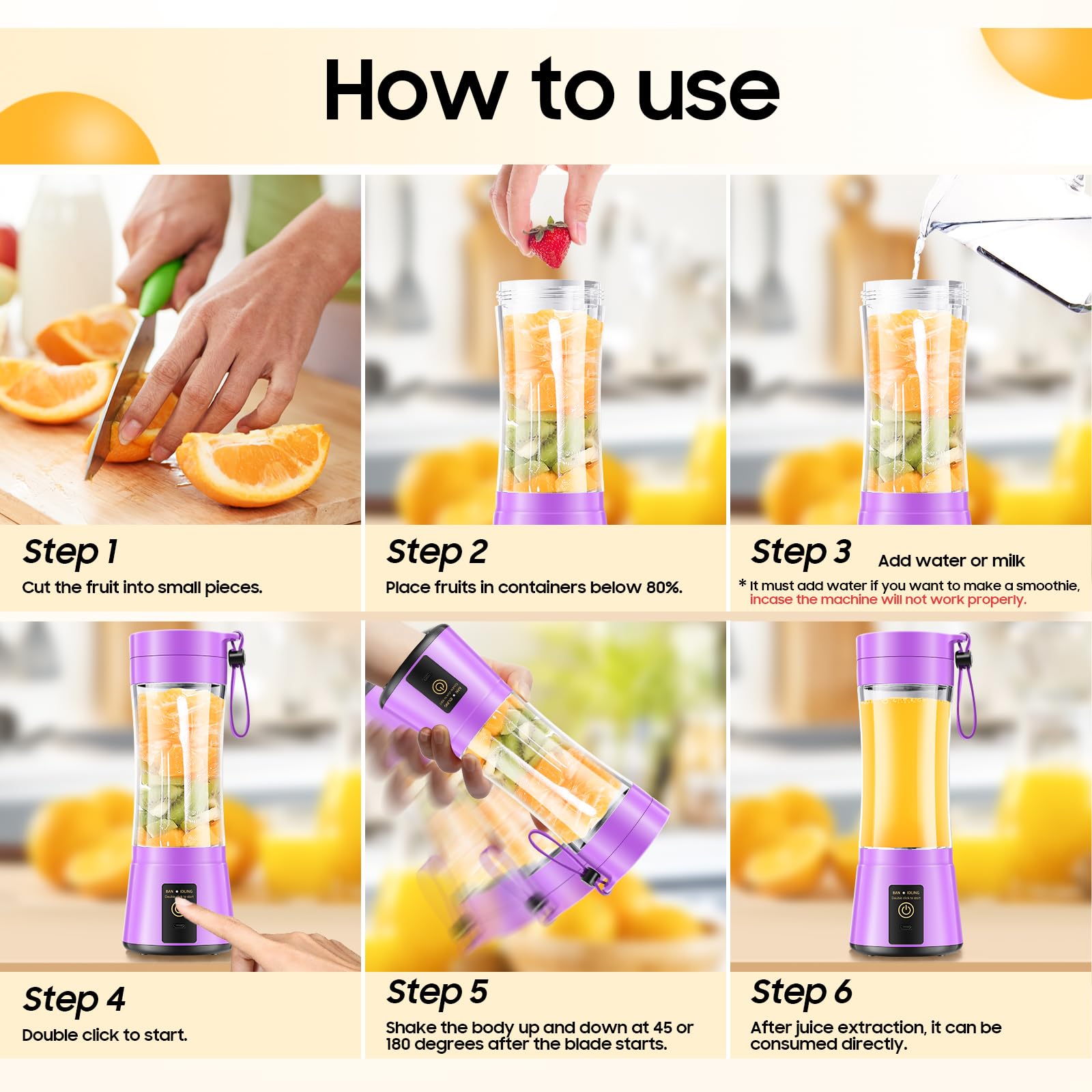 Portable Blender for Smoothies and Shakes - Mini Blender with 6 Stainless-Steel Blades for Powerful Mix， Juicer with 380Ml Travel Cup for Picnic/Gym/Office