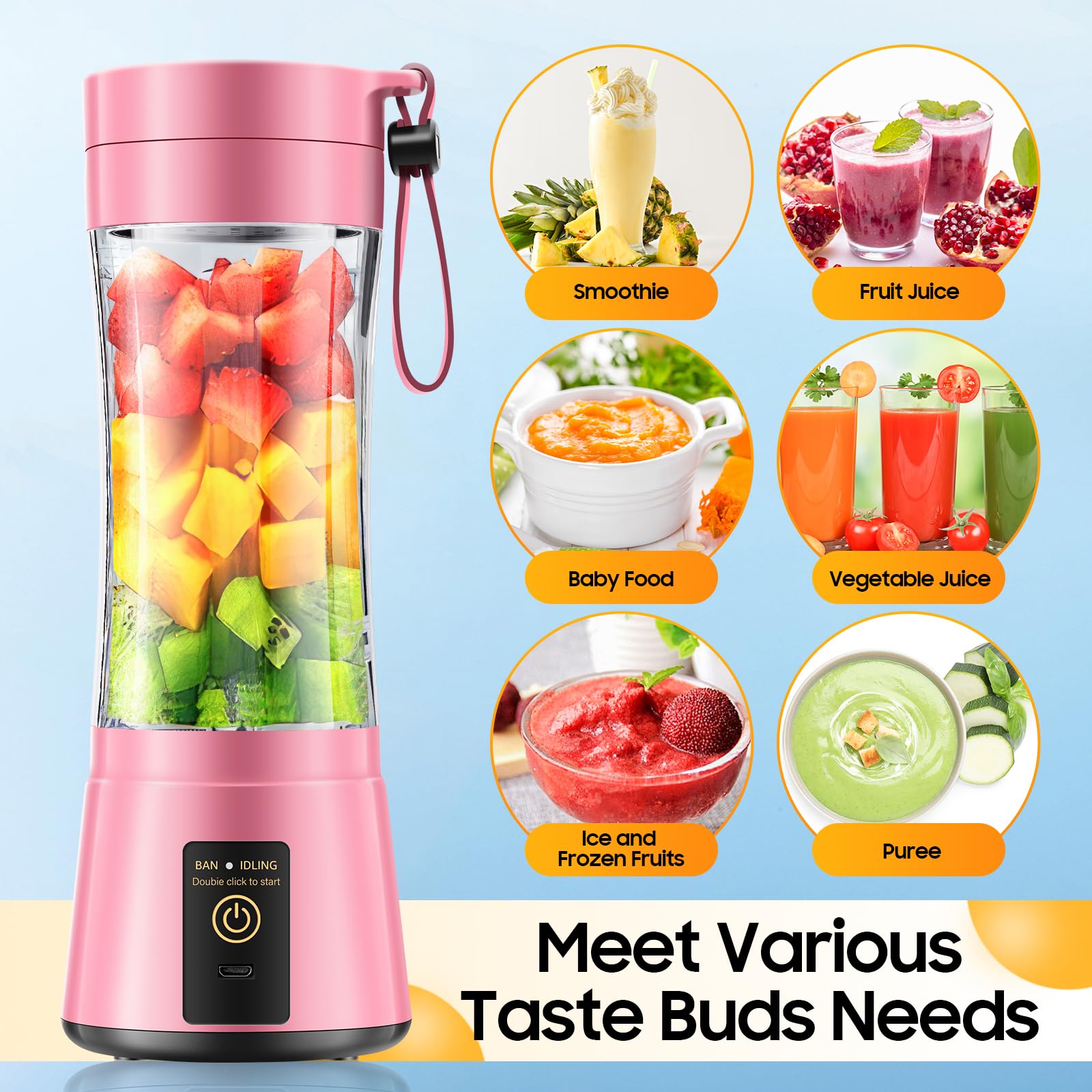 Portable Blender for Smoothies and Shakes - Mini Blender with 6 Stainless-Steel Blades for Powerful Mix， Juicer with 380Ml Travel Cup for Picnic/Gym/Office