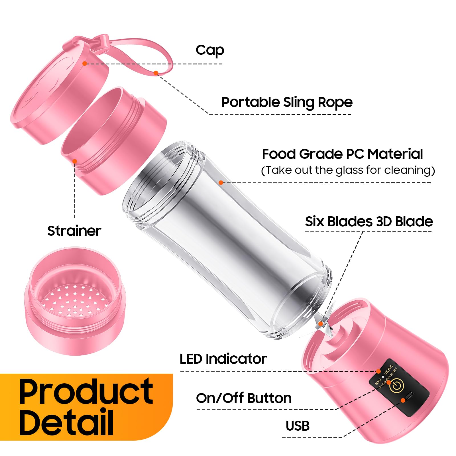 Portable Blender for Smoothies and Shakes - Mini Blender with 6 Stainless-Steel Blades for Powerful Mix， Juicer with 380Ml Travel Cup for Picnic/Gym/Office