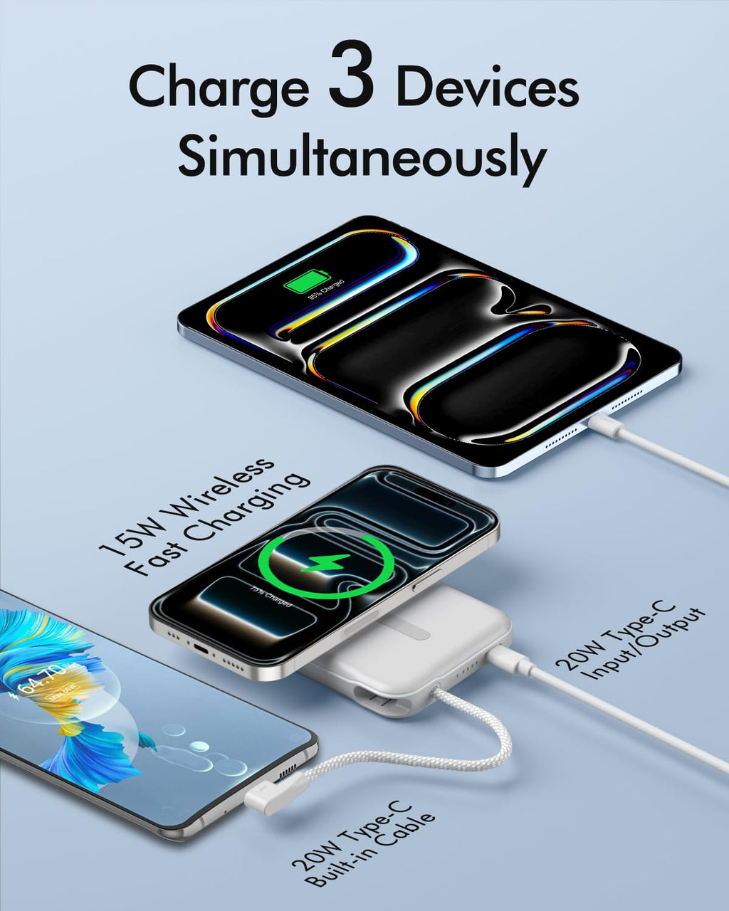 for Magsafe Power Bank, 5000mAh Magnetic Portable Charger with Built-in USB-C Cable, Wireless Battery Pack with 20W PD Fast Charging for iPhone 17/16/15/14/13/12 All Series-Light Pink