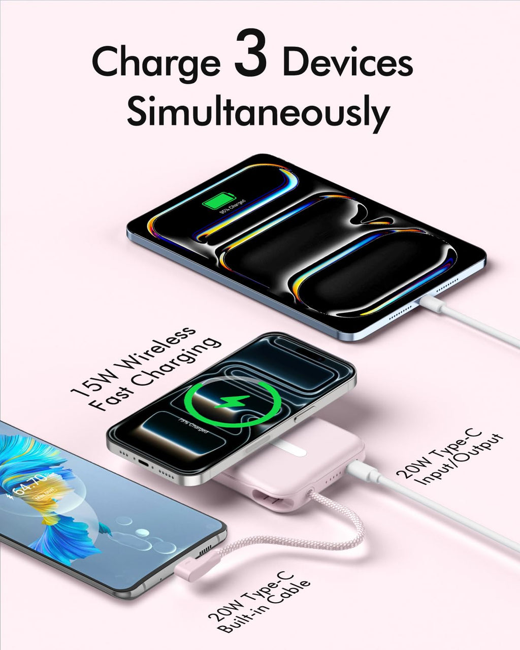 for Magsafe Power Bank, 5000mAh Magnetic Portable Charger with Built-in USB-C Cable, Wireless Battery Pack with 20W PD Fast Charging for iPhone 17/16/15/14/13/12 All Series-Light Pink
