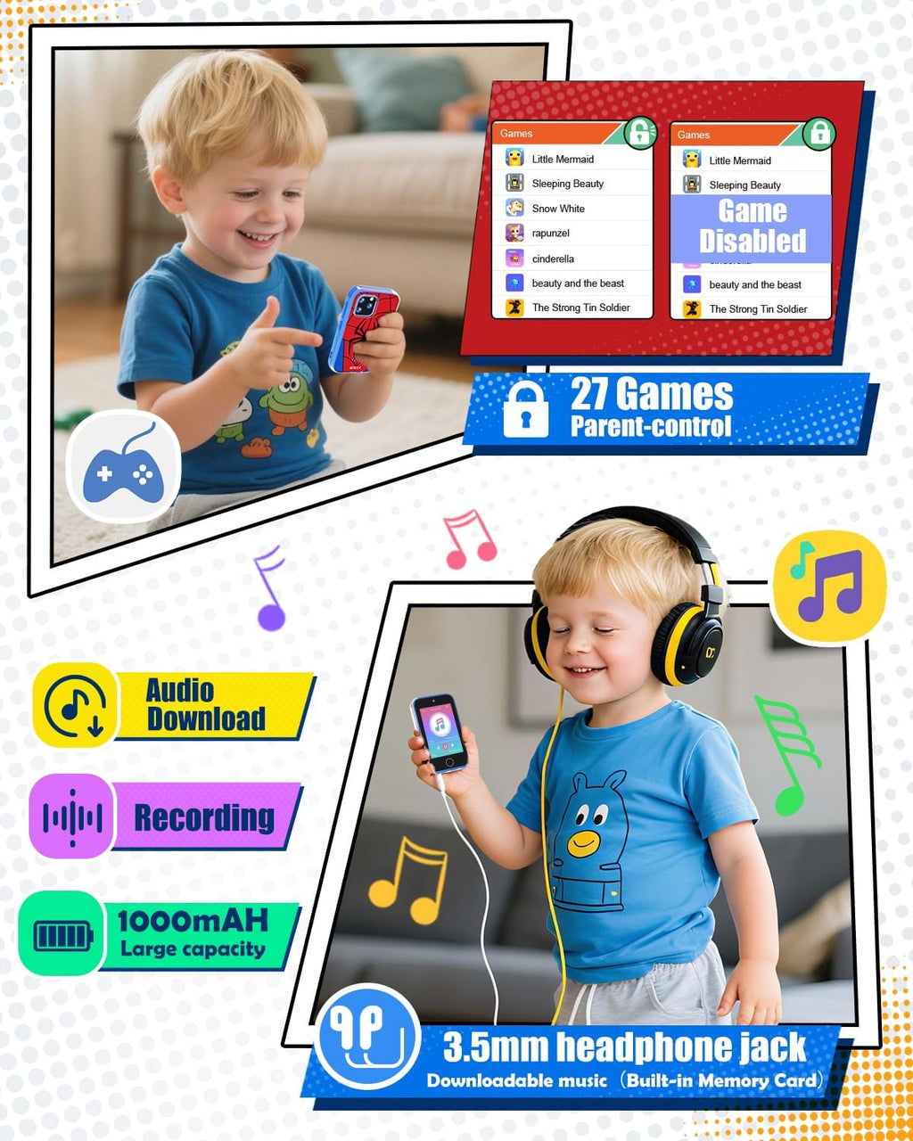 Byserten Kids Smart Phone, 3.5'' Touchscreen Kid Phones with Dual Camera, Educational Toddler Learning Toys for 3-10 Year Old Boys, Christmas Birthday Gifts, Music Player, Habit Tracker, Games