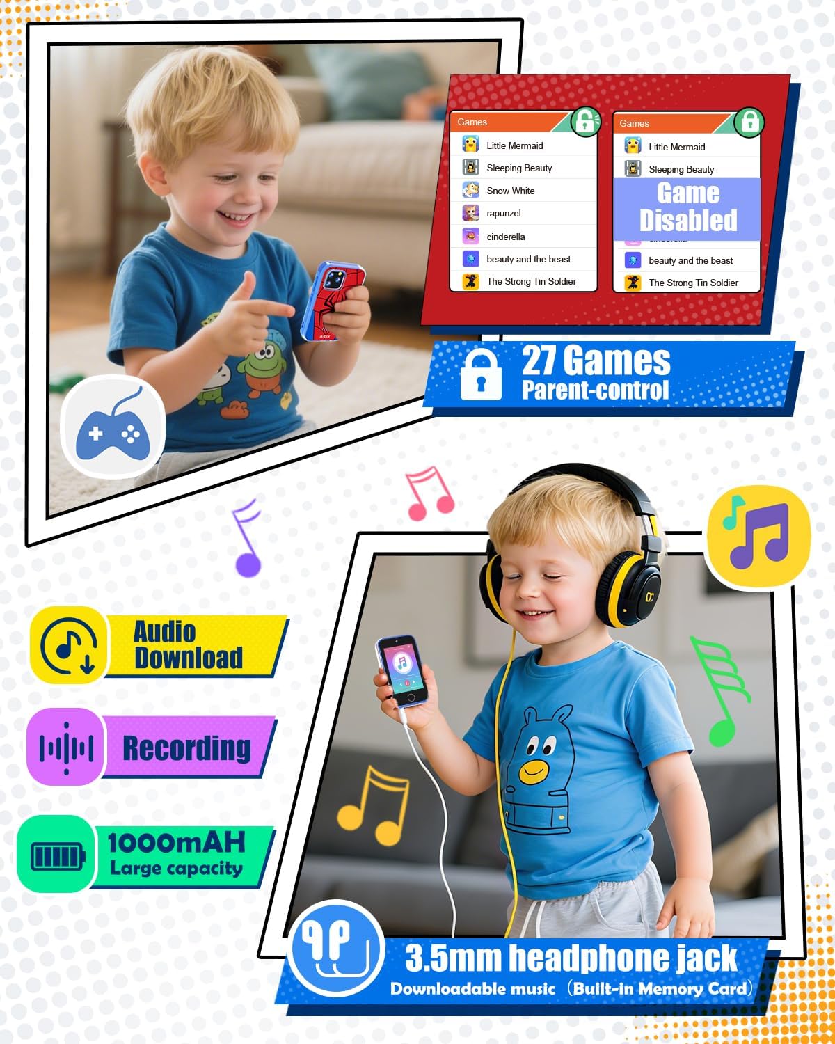 Byserten Kids Smart Phone, 3.5'' Touchscreen Kid Phones with Dual Camera, Educational Toddler Learning Toys for 3-10 Year Old Boys, Christmas Birthday Gifts, Music Player, Habit Tracker, Games