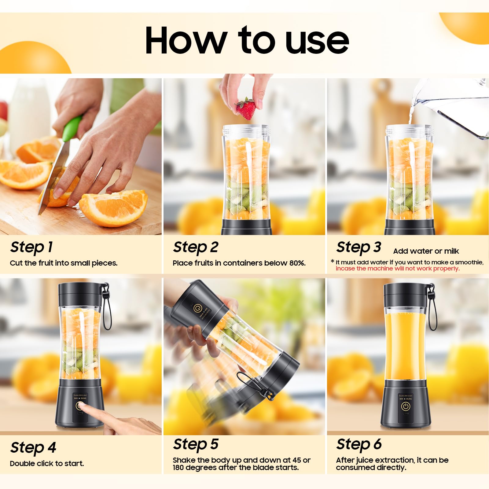 Portable Blender for Smoothies and Shakes - Mini Blender with 6 Stainless-Steel Blades for Powerful Mix， Juicer with 380Ml Travel Cup for Picnic/Gym/Office