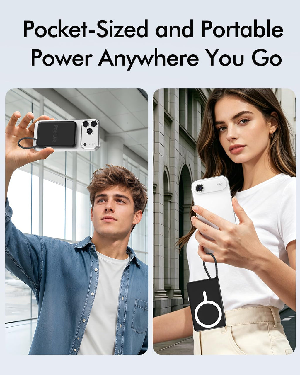 for Magsafe Power Bank, 5000mAh Magnetic Portable Charger with Built-in USB-C Cable, Wireless Battery Pack with 20W PD Fast Charging for iPhone 17/16/15/14/13/12 All Series-Light Pink