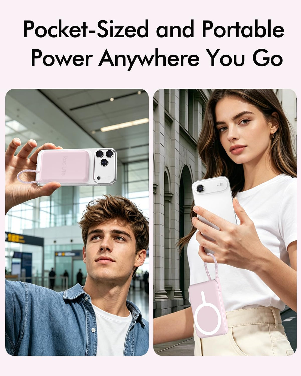 for Magsafe Power Bank, 5000mAh Magnetic Portable Charger with Built-in USB-C Cable, Wireless Battery Pack with 20W PD Fast Charging for iPhone 17/16/15/14/13/12 All Series-Light Pink