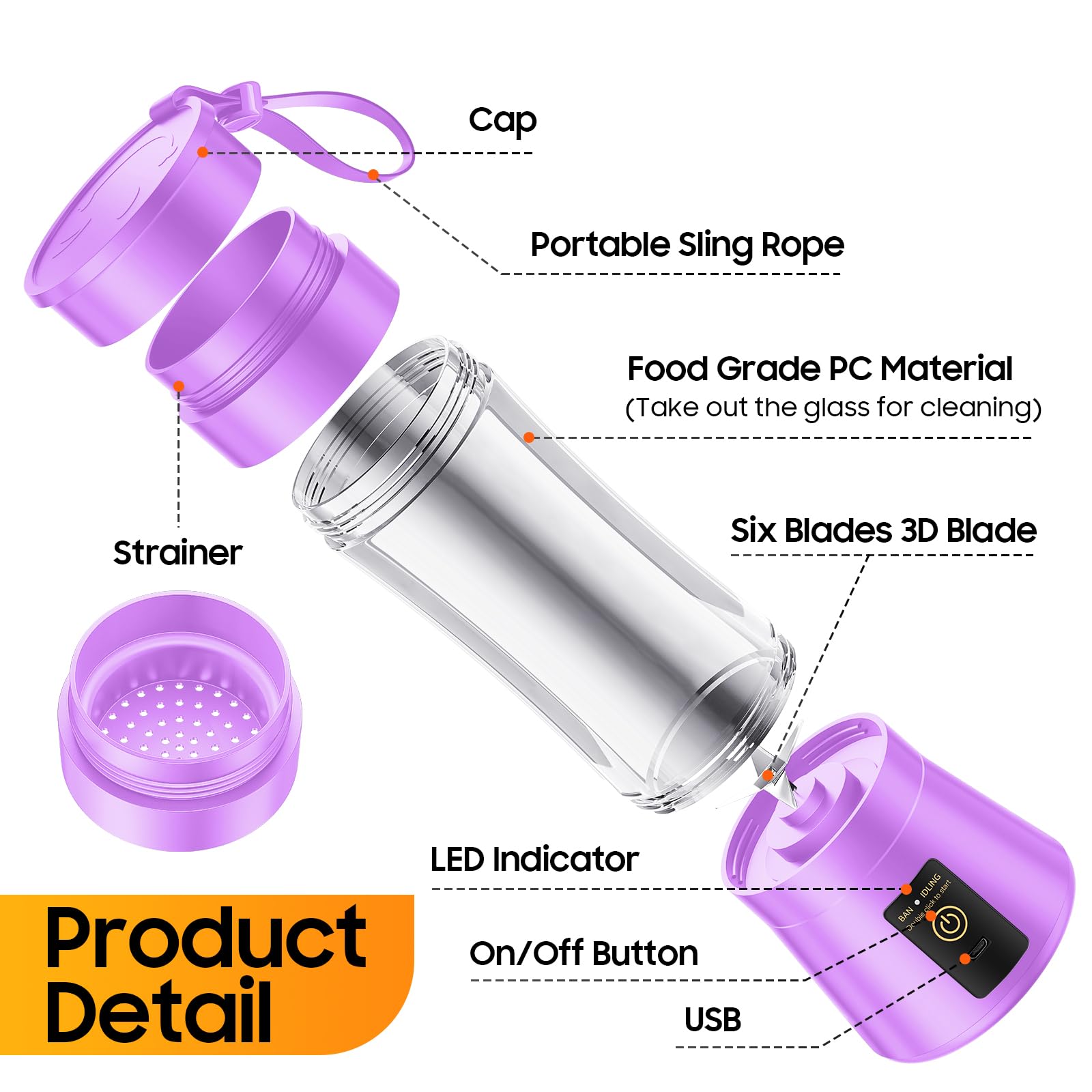 Portable Blender for Smoothies and Shakes - Mini Blender with 6 Stainless-Steel Blades for Powerful Mix， Juicer with 380Ml Travel Cup for Picnic/Gym/Office