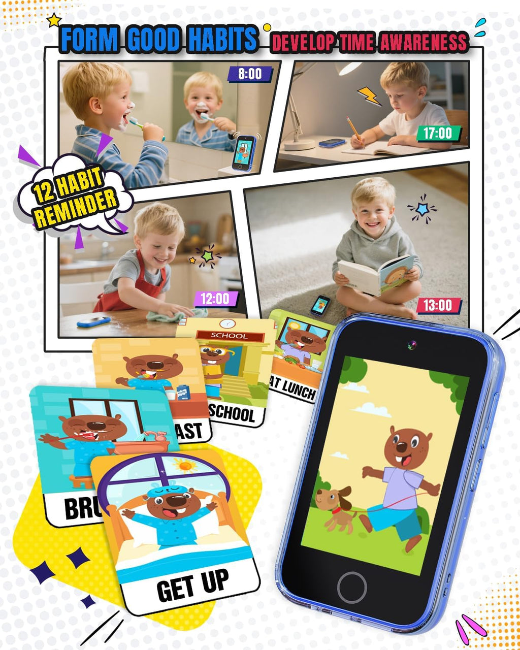 Byserten Kids Smart Phone, 3.5'' Touchscreen Kid Phones with Dual Camera, Educational Toddler Learning Toys for 3-10 Year Old Boys, Christmas Birthday Gifts, Music Player, Habit Tracker, Games
