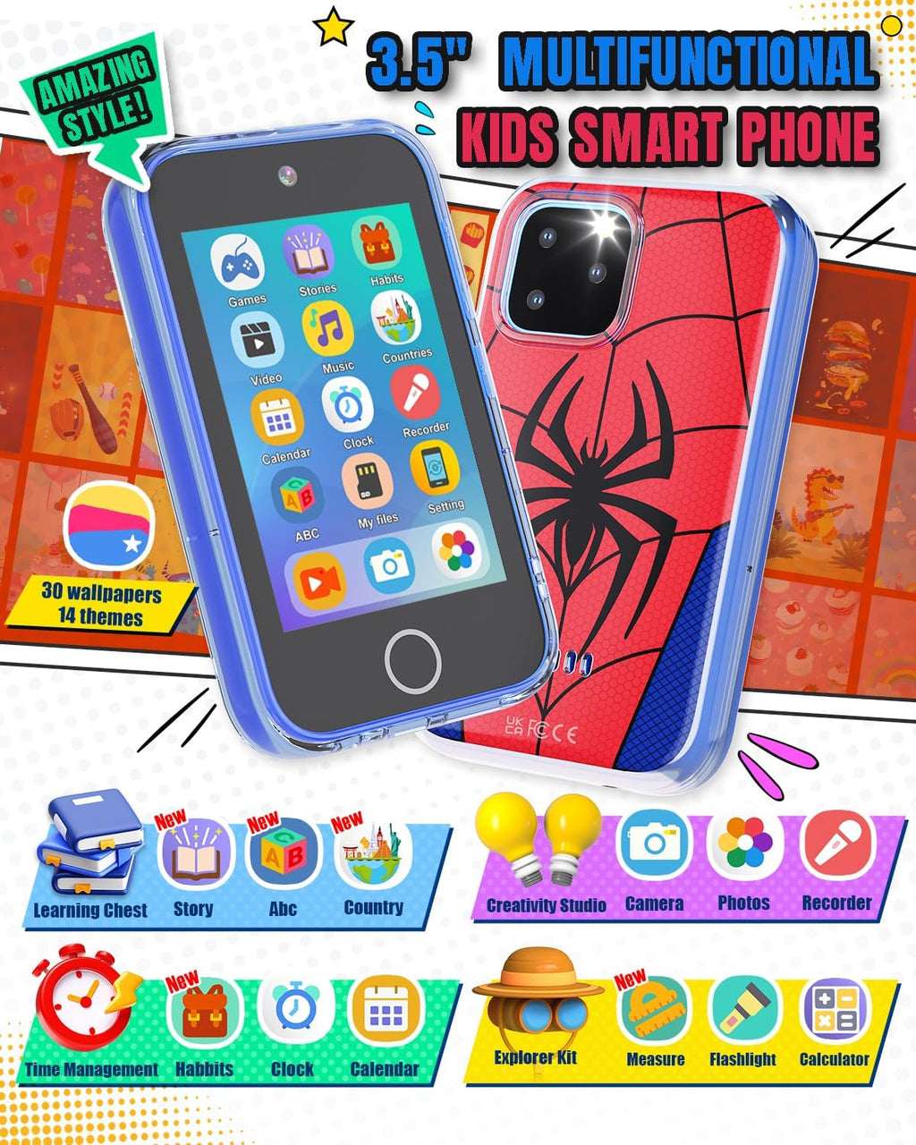 Byserten Kids Smart Phone, 3.5'' Touchscreen Kid Phones with Dual Camera, Educational Toddler Learning Toys for 3-10 Year Old Boys, Christmas Birthday Gifts, Music Player, Habit Tracker, Games